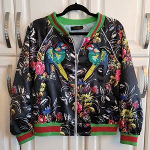 FLORAL EMBROIDERED PARROTS & BUTTERFLY BOMBER JACKET Size Small